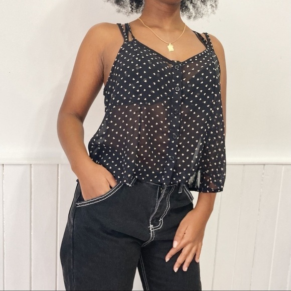 𝅺Brandy Melville Crossed Back Hearts Print Sheer Cami Tank Size M - Picture 3 of 12